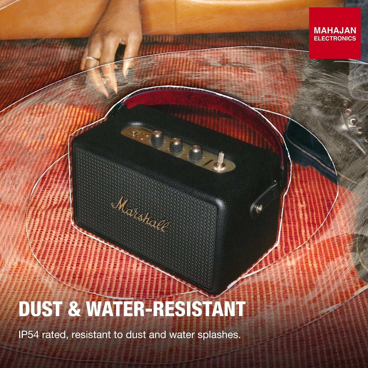 Marshall Kilburn III Portable Bluetooth Speaker with 50+ Hours of Portable Playtime, (360° Sound), Dust & Water-Resistant (IP54) – Black & Brass – Mahajan Electronics Online.