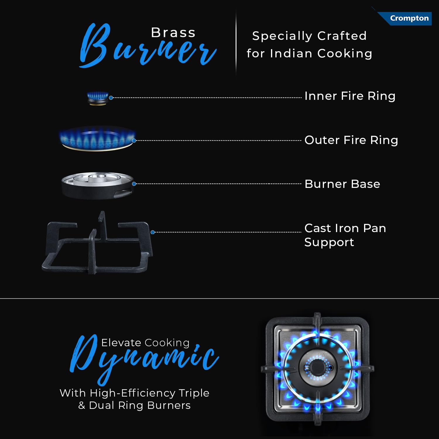 Crompton TAB-SMHB784-MBL SuperSlim Matt 78 cm 4 Burner Hob with Auto Ignition, Brass Burners and Toughened Glass Top ( Matt Black) Mahajan Electronics Online