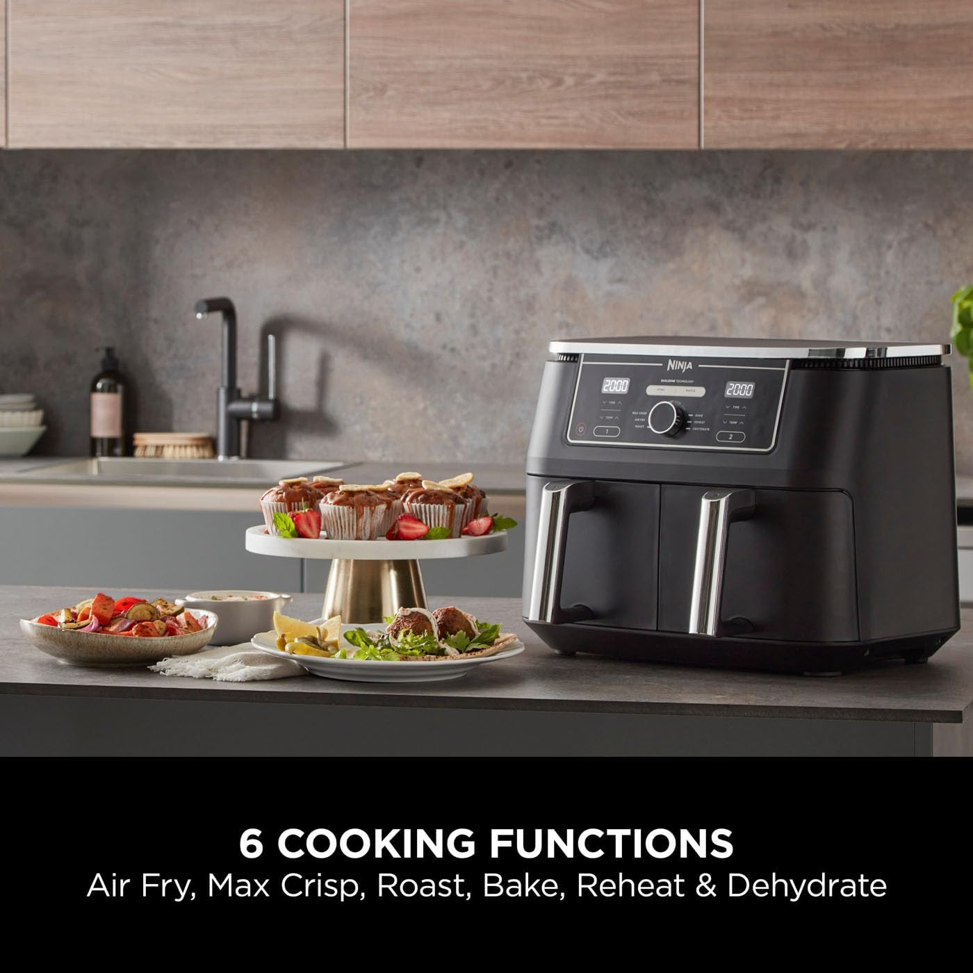 Ninja AF400 Foodi MAX Dual Zone Digital AirFryer, 2 Drawers, 9.5L, 6-in-1, Uses No Oil, Air Fry, Max Crisp, Roast, Bake, Reheat, Dehydrate, Cook 8 Portions, Non-Stick Dishwasher Safe Baskets, Black Mahajan Electronics Online
