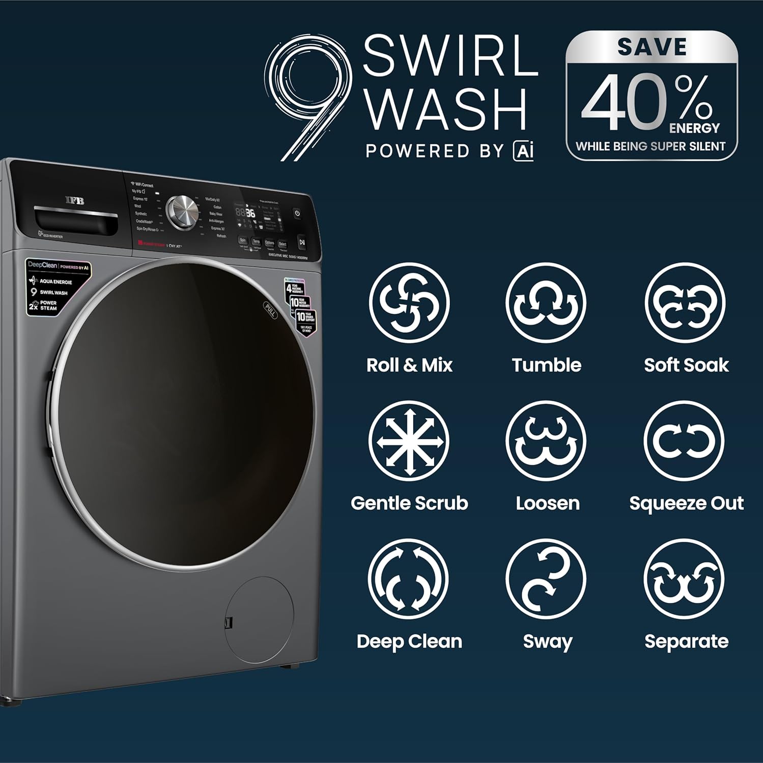 IFB EXECUTIVE MSC 9014 SSLC 9Kg 5 Star with Deep Clean Oxyjet Technology, AI Powered, Wi-Fi, Fully Automatic Front Load Washing Machine ( Steam Refresh Program with Eco Inverter, Metallic Silver) Mahajan Electronics Online