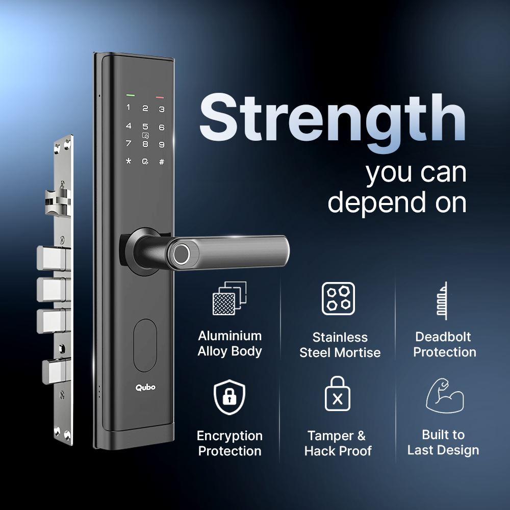 Qubo Smart Door Lock NOVA (Black) | 6-in-1 Keyless Entry | Fingerprint, PIN, RFID, OTP & App Unlock | Mortise Deadbolt | Mahajan Electronics Delhi NCR