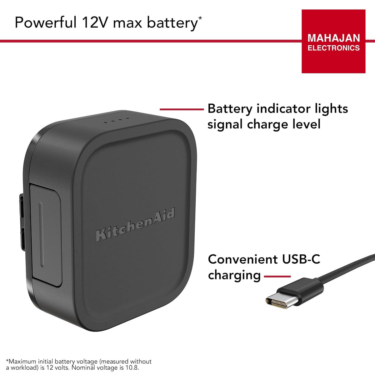 KitchenAid Go Cordless 5KRB12A 10.8V MAX Lithium Ion Battery, Compatible with All KitchenAid Go Cordless Appliances, Battery Indicator Light – Mahajan Electronics Online.