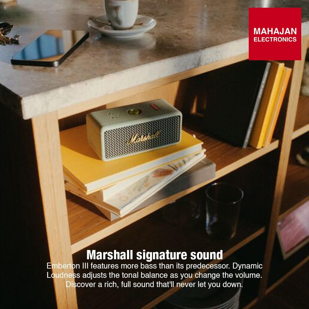 Marshall Emberton III Compact Portable Bluetooth Speaker with 32+ Hours of Playtime, (360ยฐ Sound), Dust & Waterproof (IP67) โ Sage โ Mahajan Electronics Online.