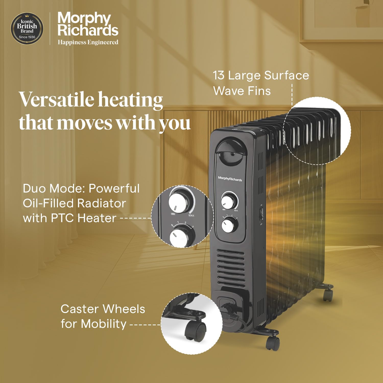 Morphy Richards 13 Fin Heat wave Ofr Room Heater For Home | 2500W Convection Oil Filled Room Heater | 400W Ptc Cermanic Fan Heater | Overheat Protection | 2900 Watts (BLACK) Mahajan Electronics Online