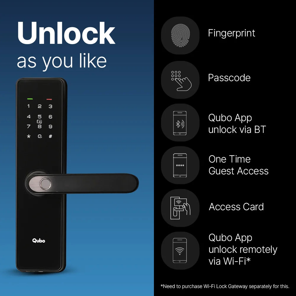 Qubo Smart Door Lock ALPHA (Black) | 5-in-1 Keyless Access | Fingerprint, PIN, RFID & App Control | Aluminium Alloy | Mahajan Electronics Delhi NCR
