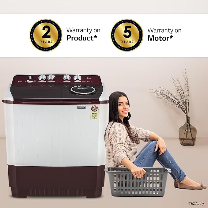 LG 10.5 kg 5 Star Wind jet dry Semi-Automatic Top Load Washing Machine (P105ASRAZ, Burgundy, Roller Jet Pulsator) Mahajan Electronics Online