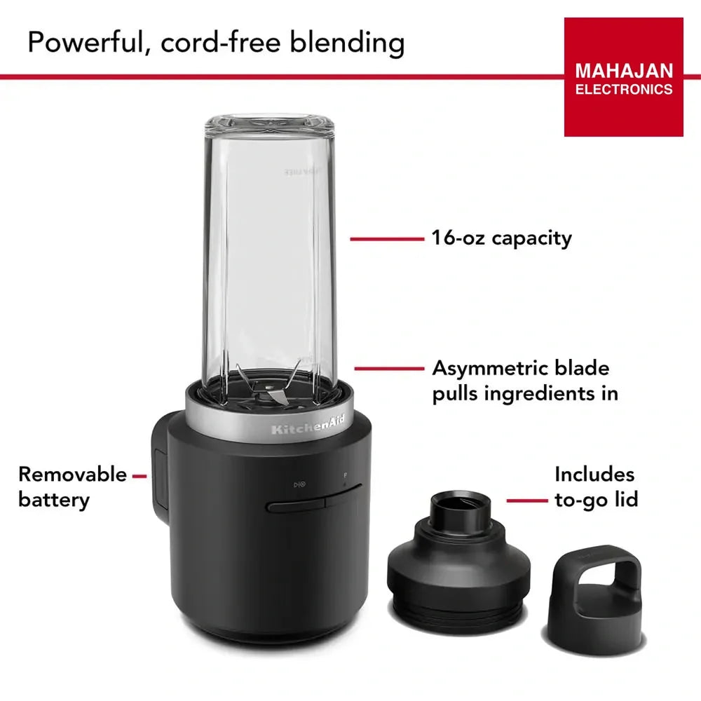 KitchenAid Go Cordless Personal Blender, 473ml BPA-Free Blending Jar, Stainless Steel Blade, Travel & Storage Lids for smoothies, shakes (with Lithium Ion Battery 10.8V) Black Matte KitchenAid