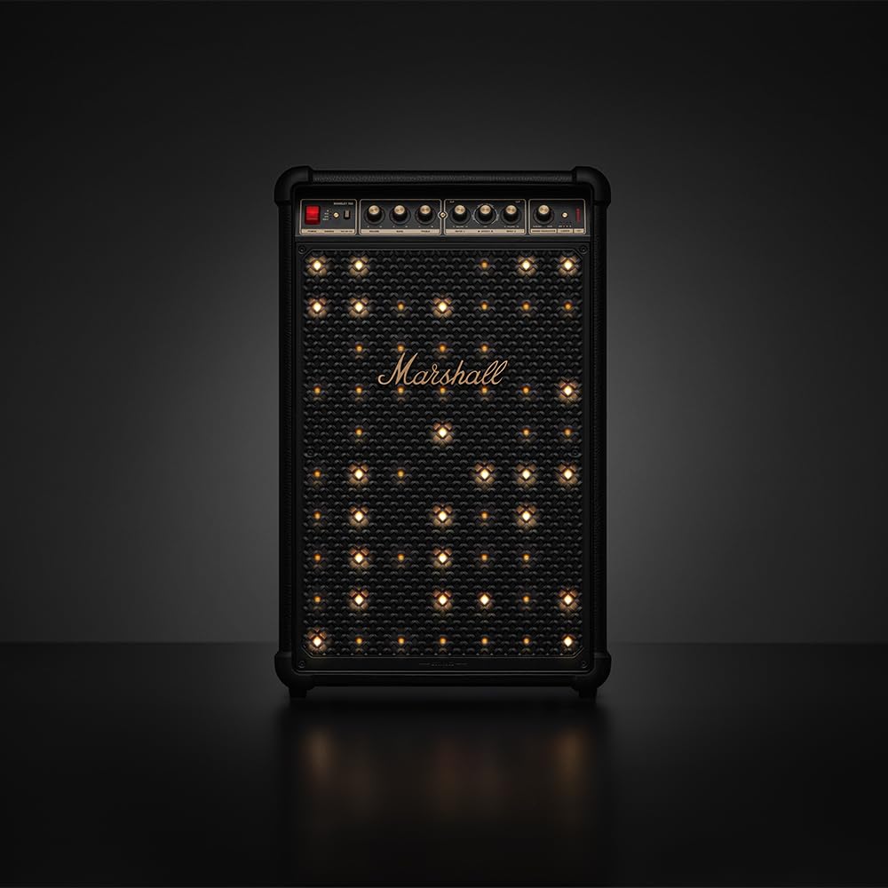 Marshall Bromley 750 Portable Wireless Party Speaker - Loud Stereo Sound with Bass and Treble Controls | Bluetooth, 3.5 mm Aux, RCA, Microphone, Instrument Inputs | LED Lights - Black and Brass Mahajan Electronics Online