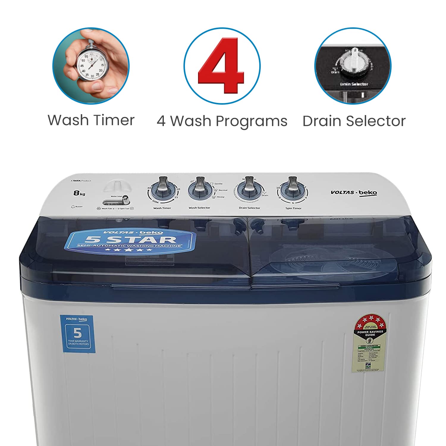 Voltas Beko WTT80DBLT 8 Kg Semi-Automatic Top Load Washing Machine | Double Waterfall | Soft Close Lid | Dual Cassette Filter | 1300 RPM Fast Dry | Sky Blue | Mahajan Electronics Voltas Beko