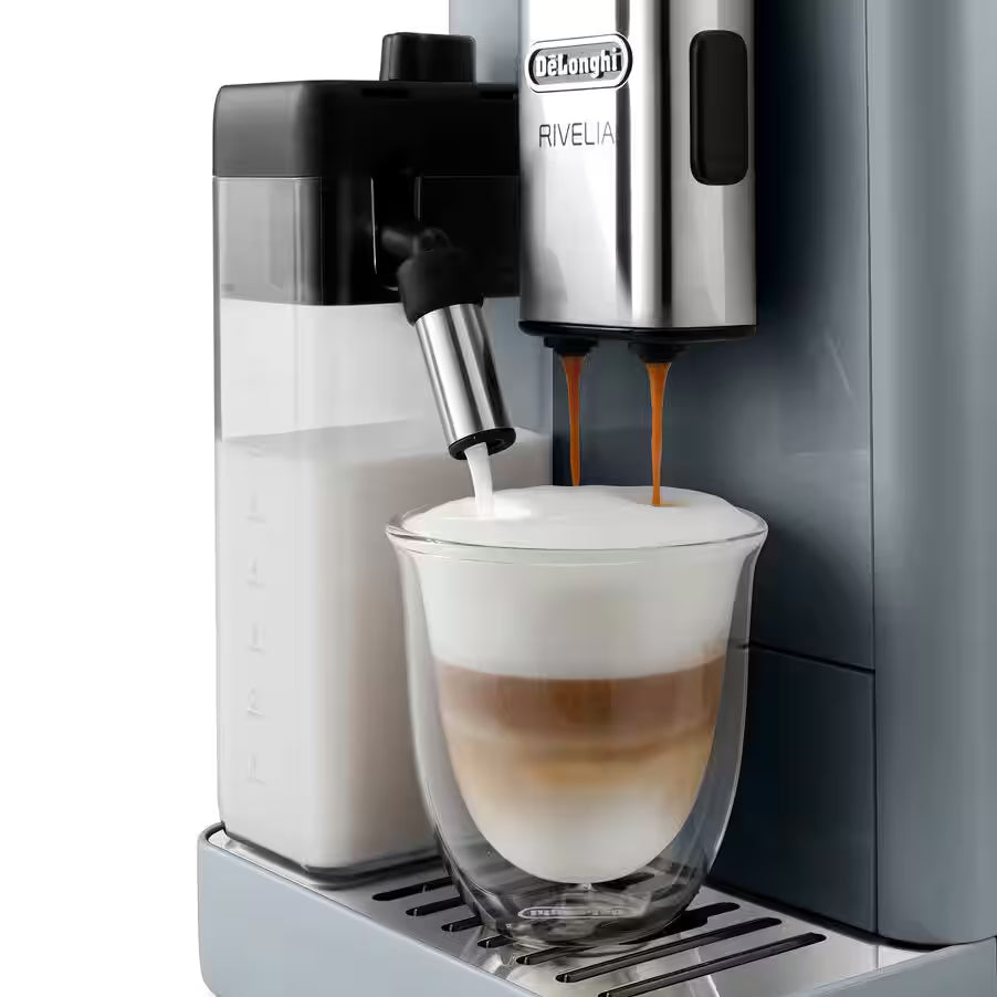 De'Longhi Rivelia EXAM440.55.G Fully Automatic Coffee Machine – LatteCrema Hot, Automatic Milk Frother, Bean-to-Cup, 16 Coffee Recipes, Compact Design, Full Touch Color Display – Grey Mahajan Electronics Online