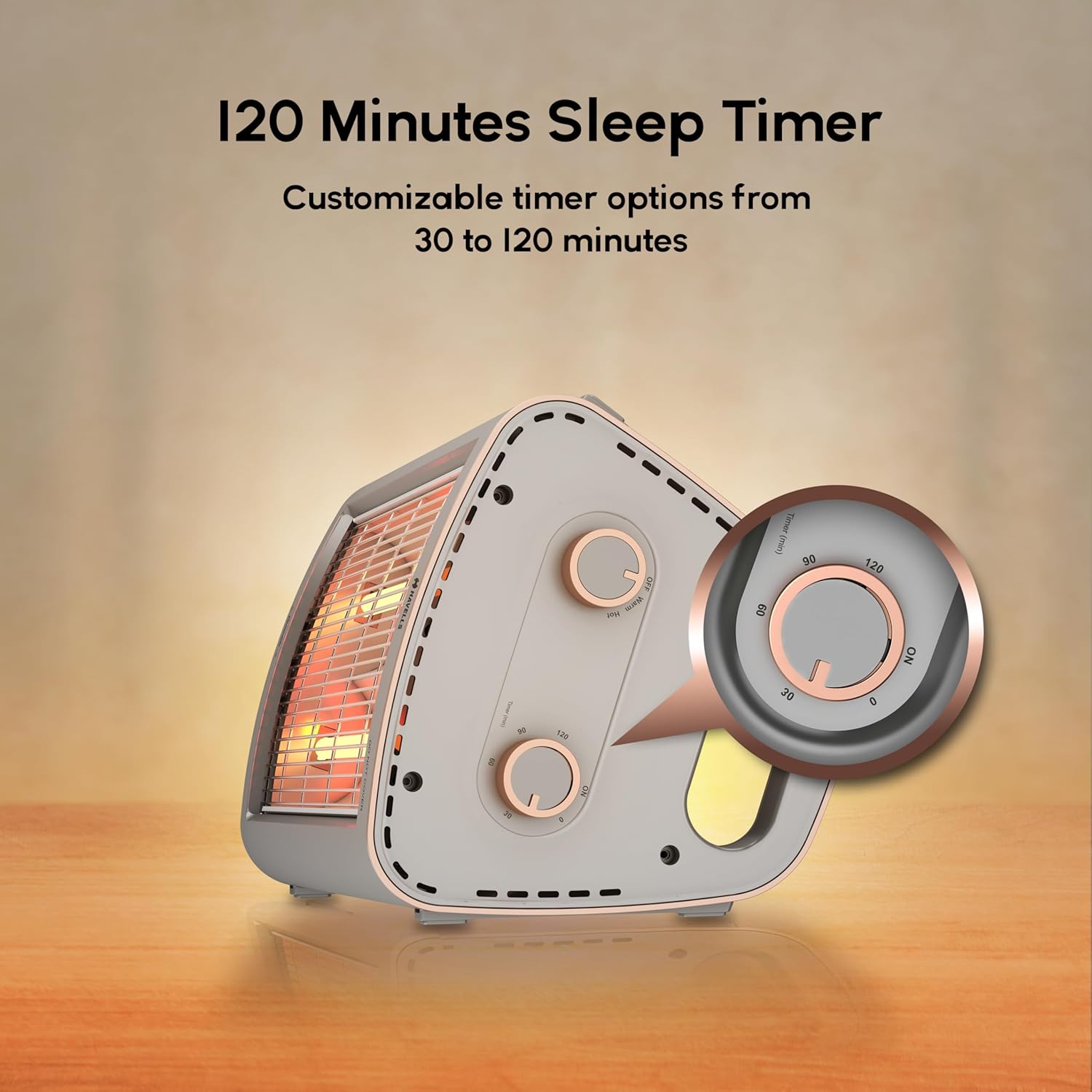 Havells Comodito 900 Watt Room Heater | Safety Grill, 120 Minute Sleep Timer Control knob | Rust Free Stainless Steal Reflector, Carbon Fiber Rods, Power Off & Heat Setting | (Pack of 1, Grey) GHRGHCHE090 Mahajan Electronics Online