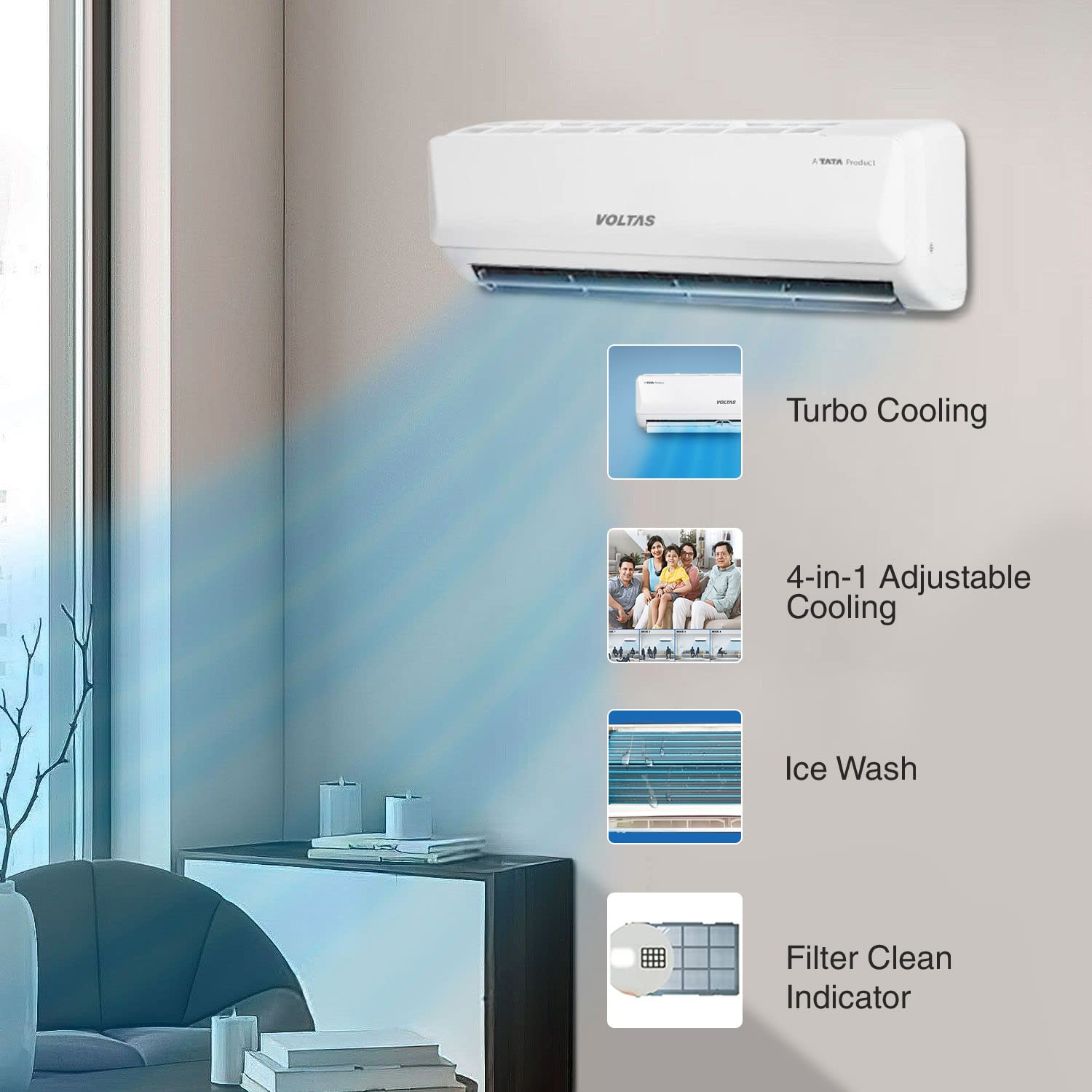 Voltas 185Inv Vectra Emerald 1.5 Ton 5 Star Inverter Split AC(Copper, 5-in-1 Adjustable Mode, Anti-dust Filter, White) Mahajan Electronics Online