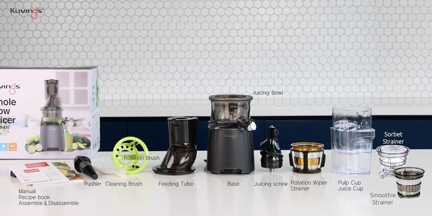 Kuvings EVO810 Black Professional Cold Press Juicer,Only Juicer with Patented Rubber & Silicon-Free Technology, 12 YR Warranty, All-in-1 Fruit & Vegetable Juicer,With Smoothie & Sorbet Attachment Mahajan Electronics Online