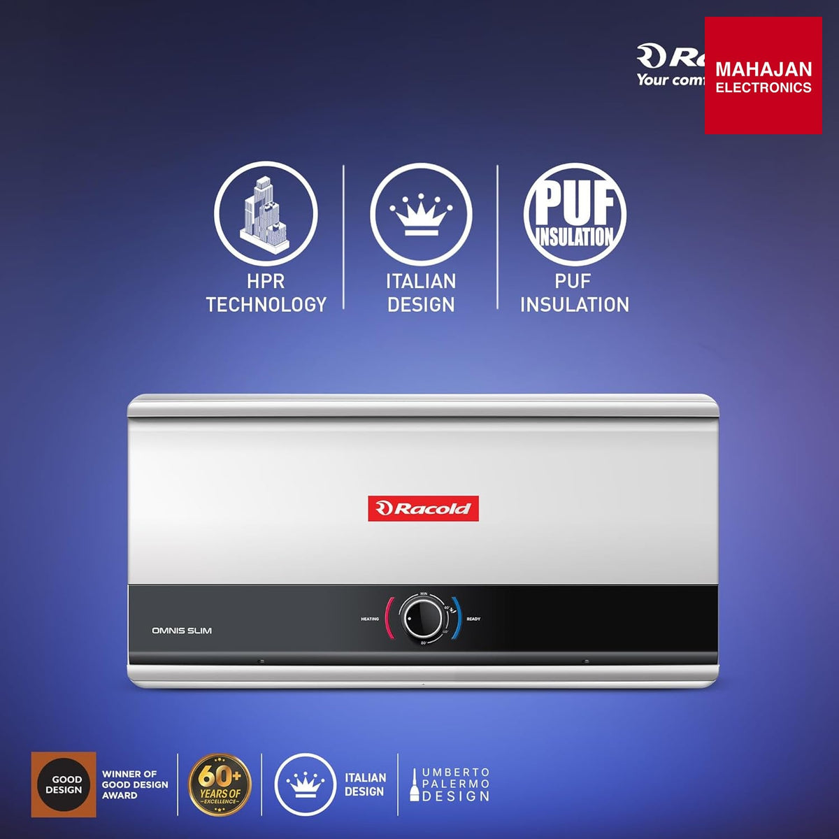 Racold Omnis Slim 25L Horizontal Energy Efficient Storage Water Heater (Geyser) With Free Standard β Mahajan Electronics Online.