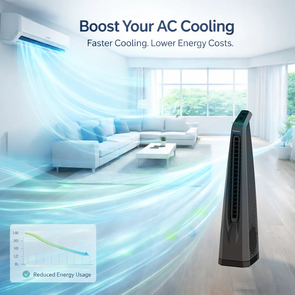 Symphony Surround Sr. Bladeless Tower Fan for Room | 90 Degree Swivel Action, Knob Control Panel | Low Power Consumption | Removable Dust Filter For Clean | 1 Year Warranty | Grey AFNTf03 Symphony