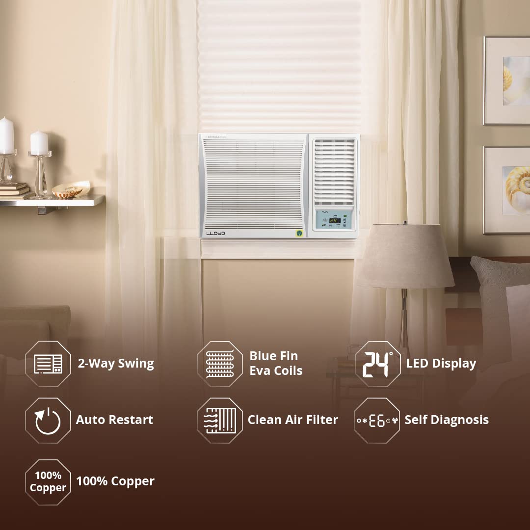 Lloyd GLW18I5AGSPR 1.5 Ton 5 Star Side Throw Inverter Window AC (6 in 1 Convertible, Cools Up To 54°C, Turbo Cool, Feather Touch Control, Remote Control Operation, LED Display, 100% Copper, White,