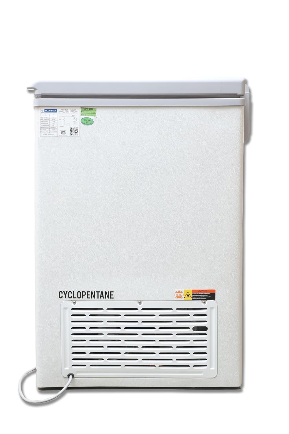 Blue Star CF3-130NEYW 130 Litre Chest Freezer (White, 3 Star, R290 Refrigerant, Single Door, Manual Defrost, Made in India)