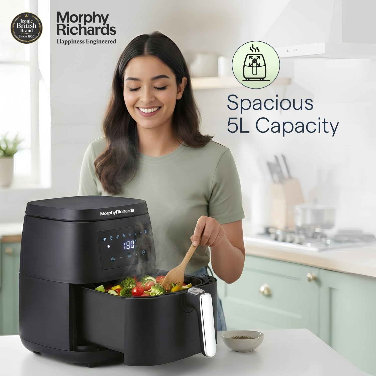 Morphy Richards Digital Air Fryer For Home|1500W With Digital Control|Dual Fan Technology|Adjustable Time & Temperature Control|Voltage Fluctuation Protection|2-Yr Warranty By Brand|Black, 5 liter Mahajan Electronics Online