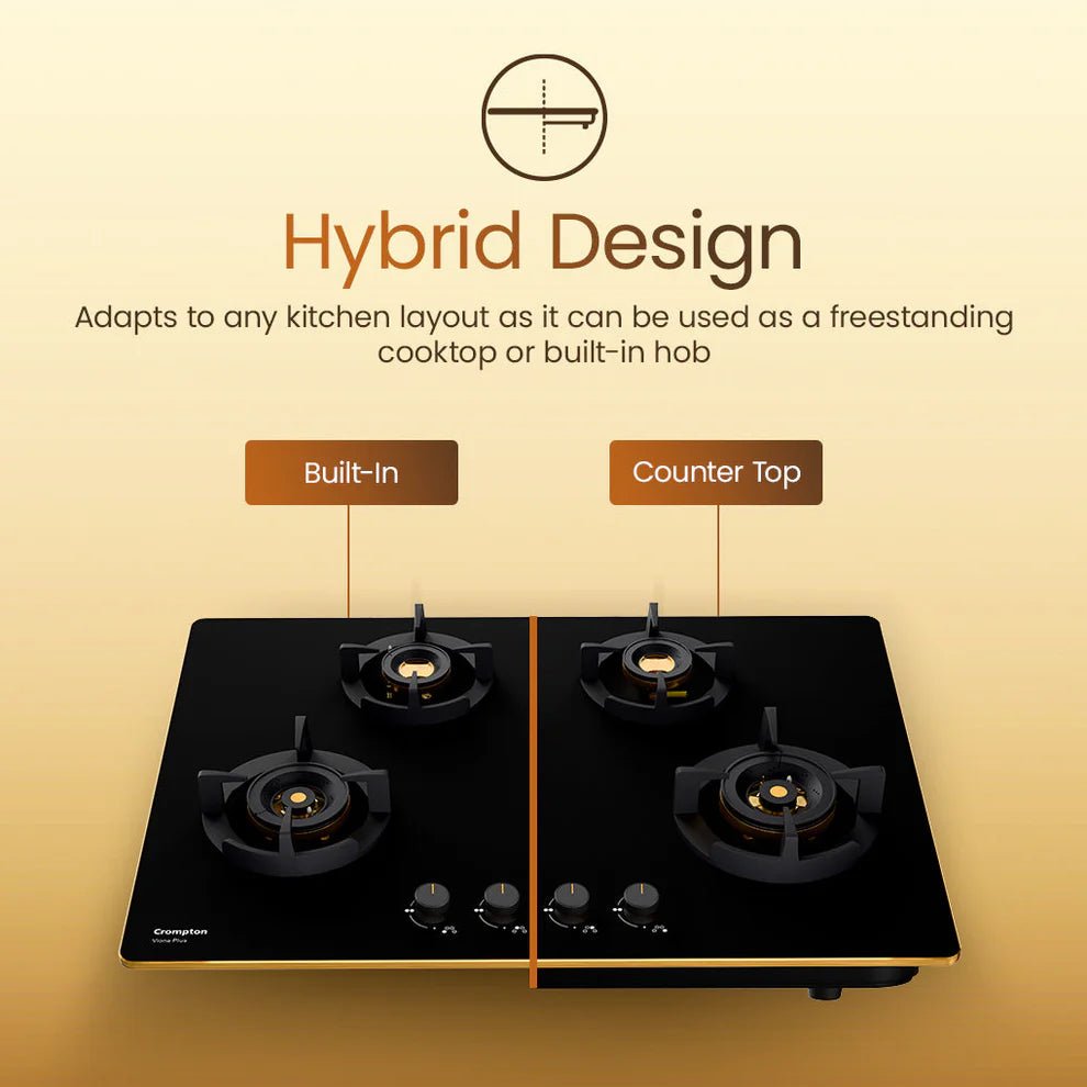 Crompton HOB-VPDC-MBL 82 cm 4 BurnerS Built-in Gas Hob With High Efficiency Brass Burners, Auto-Ignition and 8 MM Toughened Glass Mahajan Electronics Online