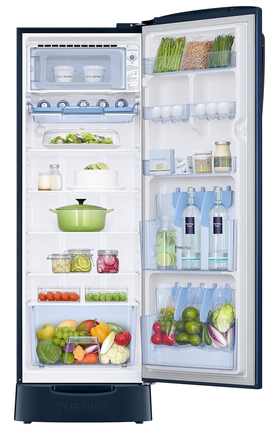 Samsung RR26C3893CU/HL 246L 3 Star Inverter Direct-Cool Single Door Refrigerator Appliance (Camellia Blue) Base Stand Drawer Mahajan Electronics Online