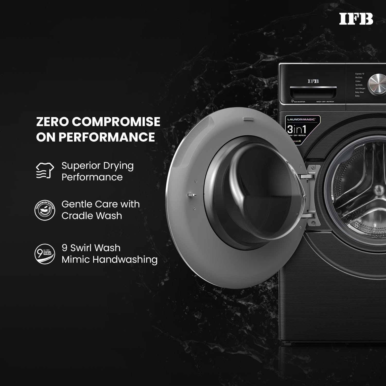 IFB EXECUTIVE PLUS ZXB 10 Kg/7 Kg/3 Kg 3-in-1, AI Powered, Fully Automatic Washer Dryer Refresher (IFB Laundrimagic, 9 Swirl Wash, Eco Inverter Technology, Black VCM) Mahajan Electronics Online