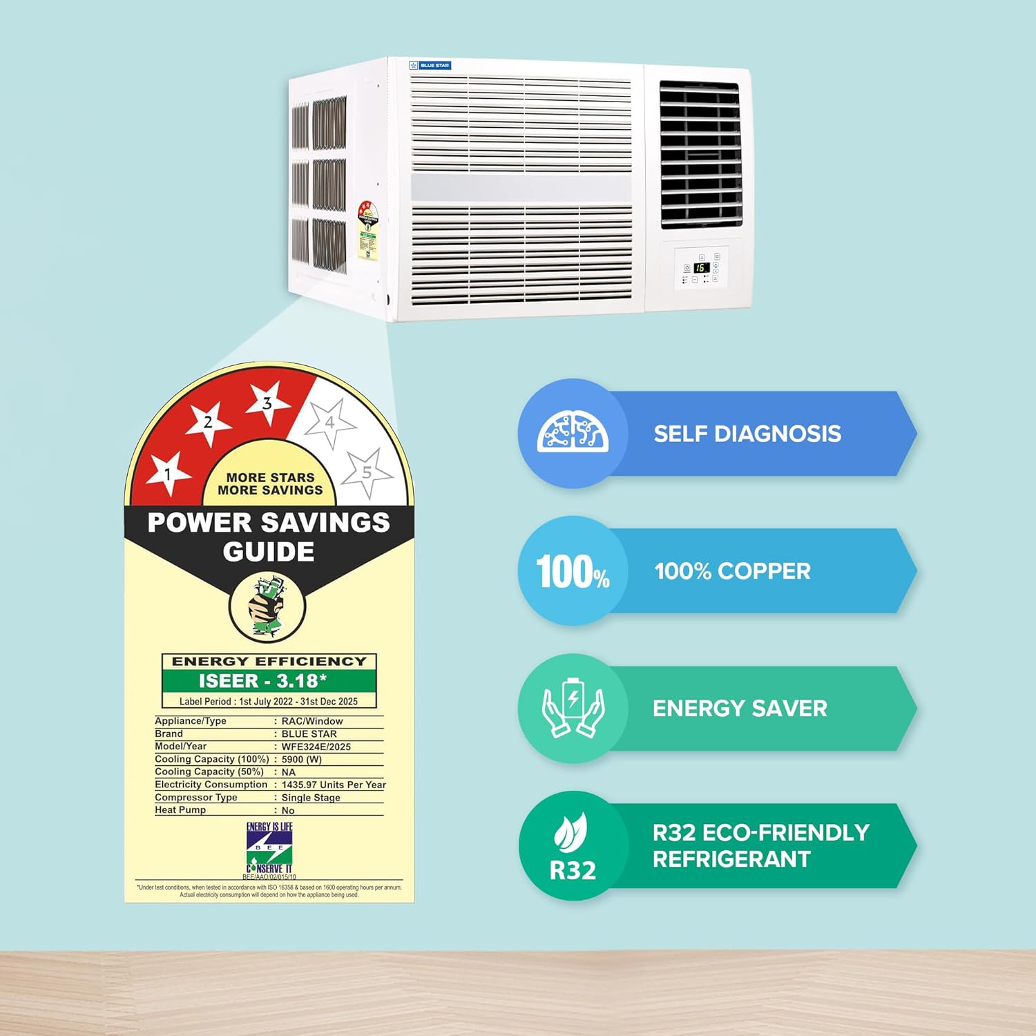 Blue Star WFE324E 2 Ton 2 Star Window AC | Turbo Cool | 100% Copper Condenser | R32 Refrigerant | Fixed Speed