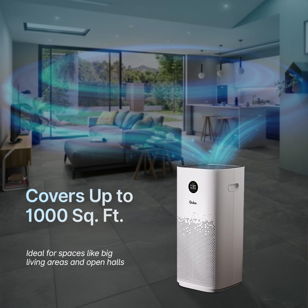 Qubo Smart Air Purifier Q1000 for Home by Hero Group | 1000 Sqft | 99.99% Allergen Removal | HEPA H13 | 15000 Hrs Filter Life | App & Voice Control | Energy Saving | Ultra-Quiet BLDC Motor (White) Mahajan Electronics Online