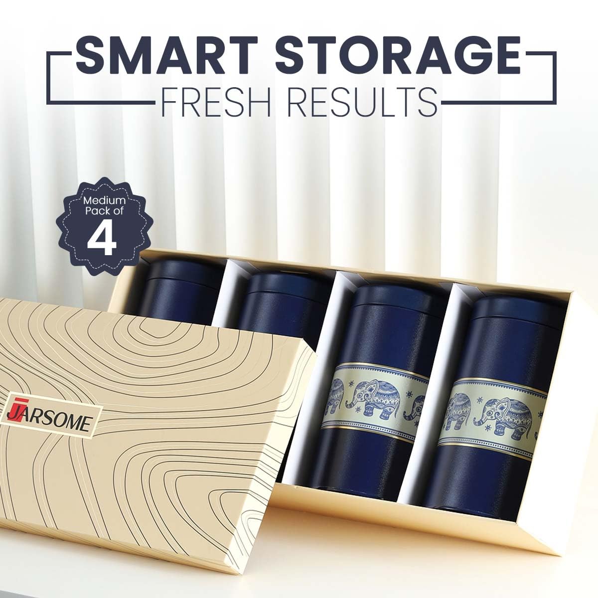 Mandala Collection Airtight Kitchen Container Set - Food Grade Metal Jars for Rusk, Cookies, Candies & More - Stylish Jars -Medium 850ML Canisters - Set of 4 - Blue Elephants Mahajan Electronics Online