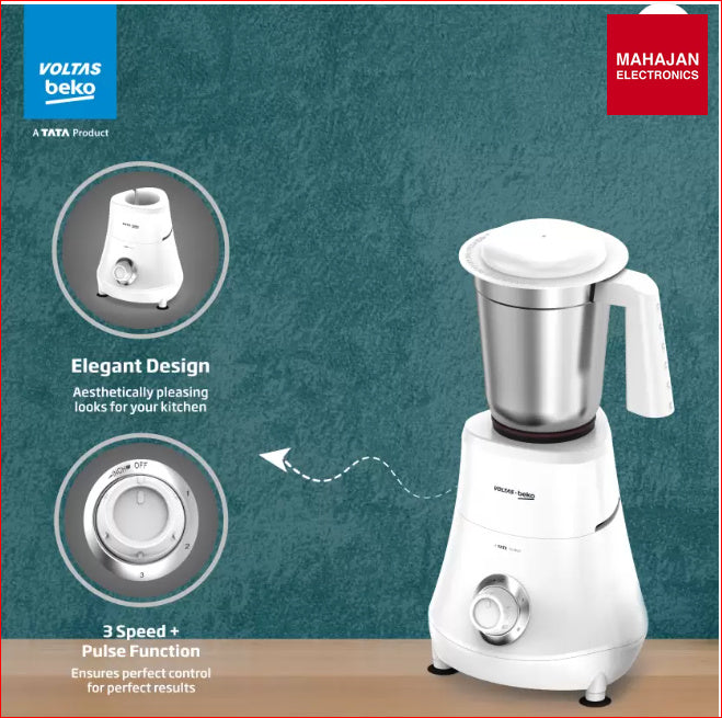 Voltas Beko 500W Mixer Grinder (G5003HP-WH, White) | 3 Jars | 20,000 RPM | Stainless Steel Blades | Compact Design โ Mahajan Electronics Online.