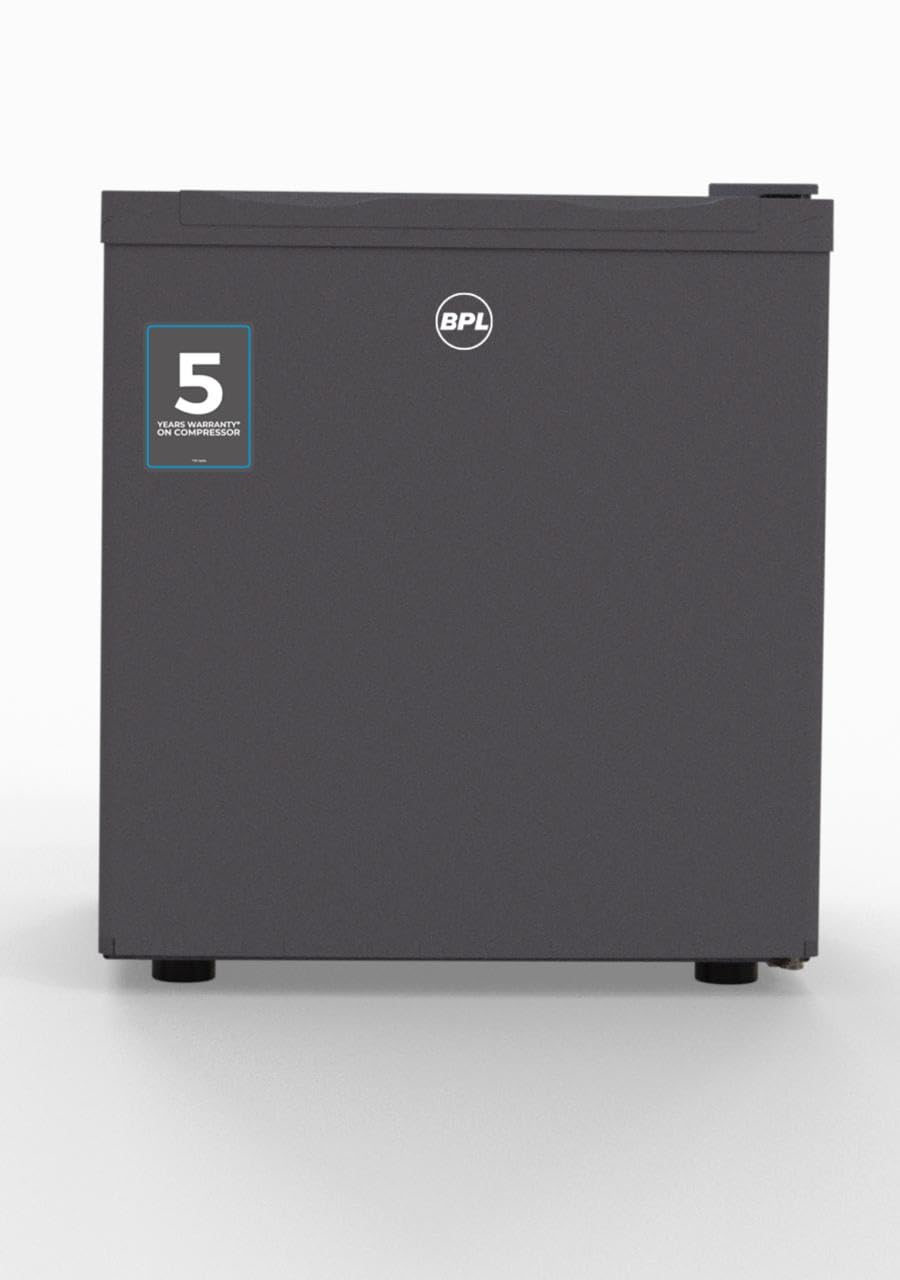BPL 45 Litre Mini Bar Refrigerator in gray color with a curved front design and the brand's logo on the top corner.