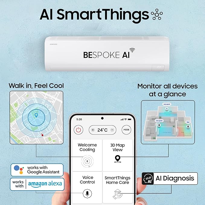 Samsung AR50F24D1XH 2 Ton 3 Star AI Inverter Smart Split AC (BESPOKE AI, Energy Saving, Wi-Fi, Voice Control, Powerful Cooling, 100% Copper, 4 Way swing, Convertible 5in1, 2025 Model, White) Mahajan Electronics online