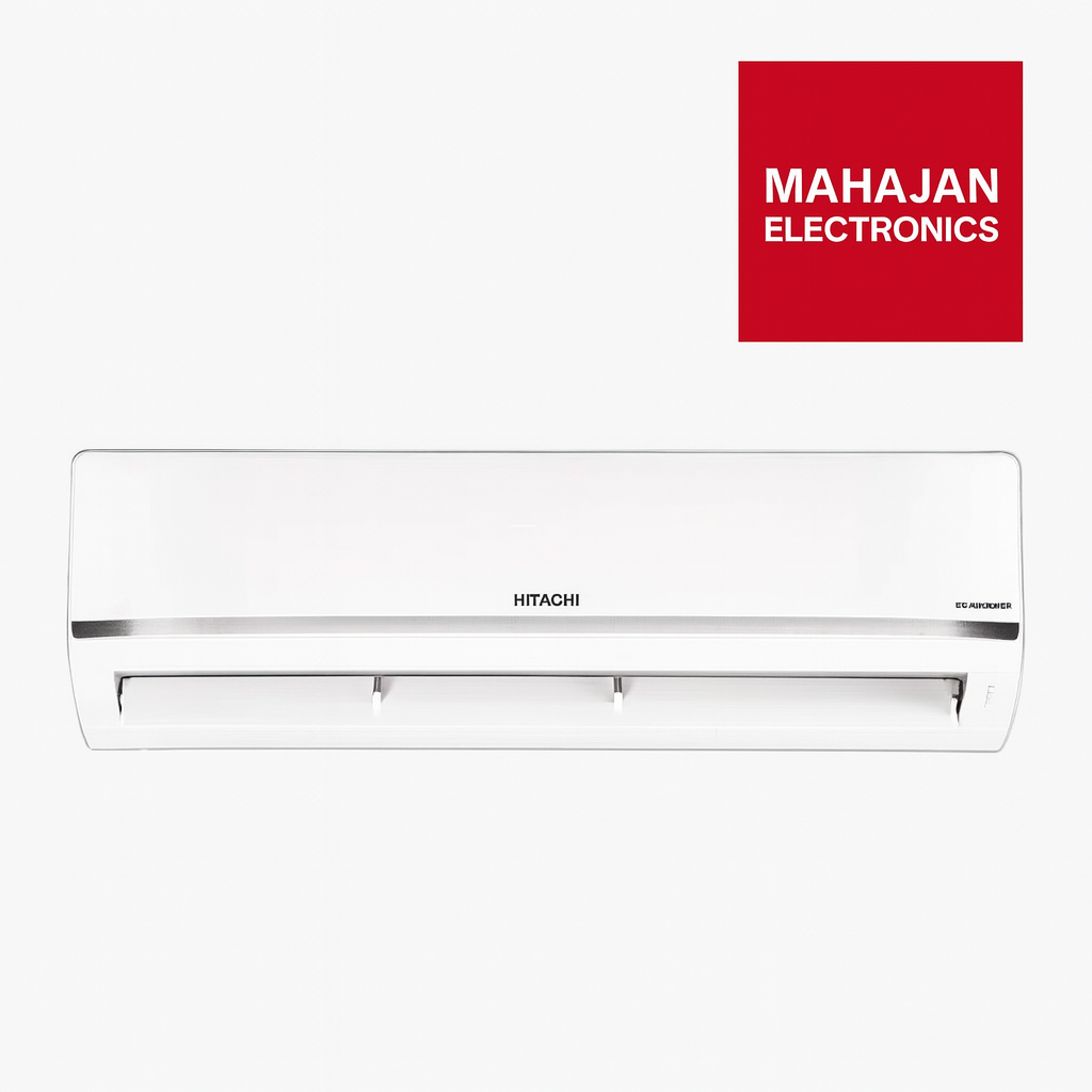 White Hitachi air conditioner with Mahajan Electronics logo on a white background