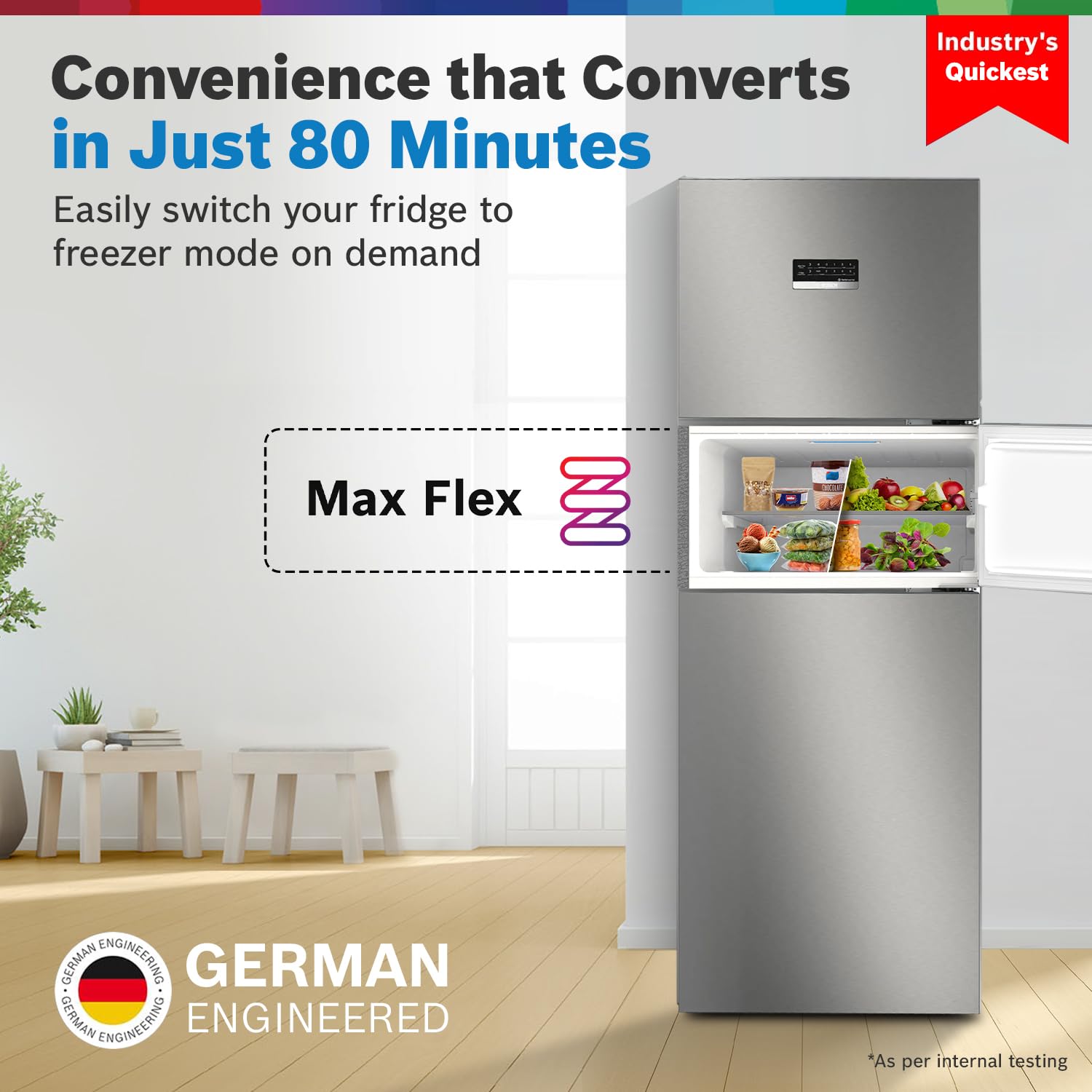 Bosch CMC33S03NI MaxFlex Convert 303L 3 Star Inverter Frost Free Triple Door Refrigerator ( 8-in-1 Convertible, UV Protected Body Shield, VitaFresh Technology, Adaptive UI, Sparkly Steel) Mahajan Electronics Online