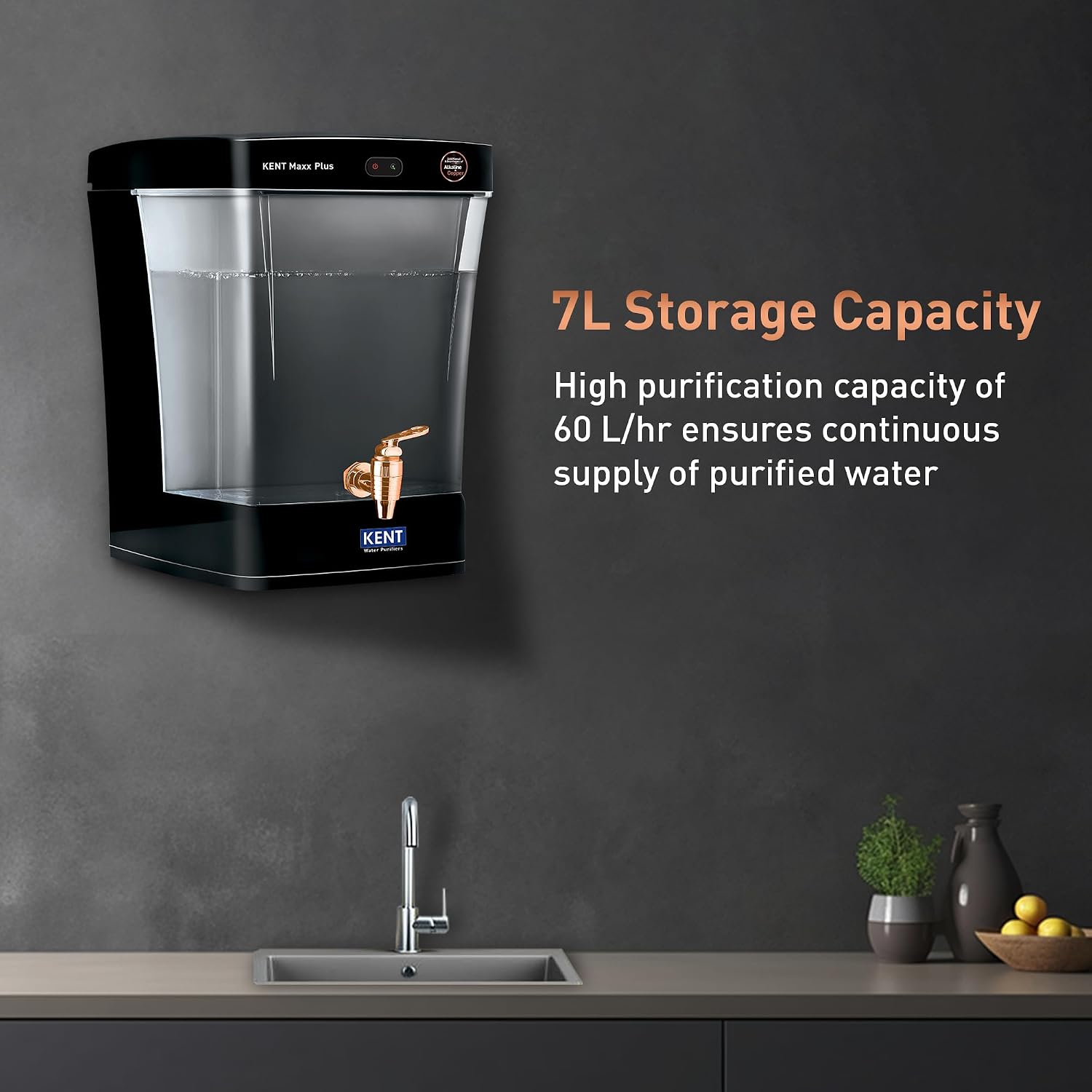 KENT Maxx Plus B UV Water Purifier | UV+UF+Alk+Cu | 7L Transparent Detachable Tank | With Benefits of Alkaline&Copper | Fully Automatic Operation | UV Fail Alarm | Wall Mountable | 60 L/hr Output |Black Kent
