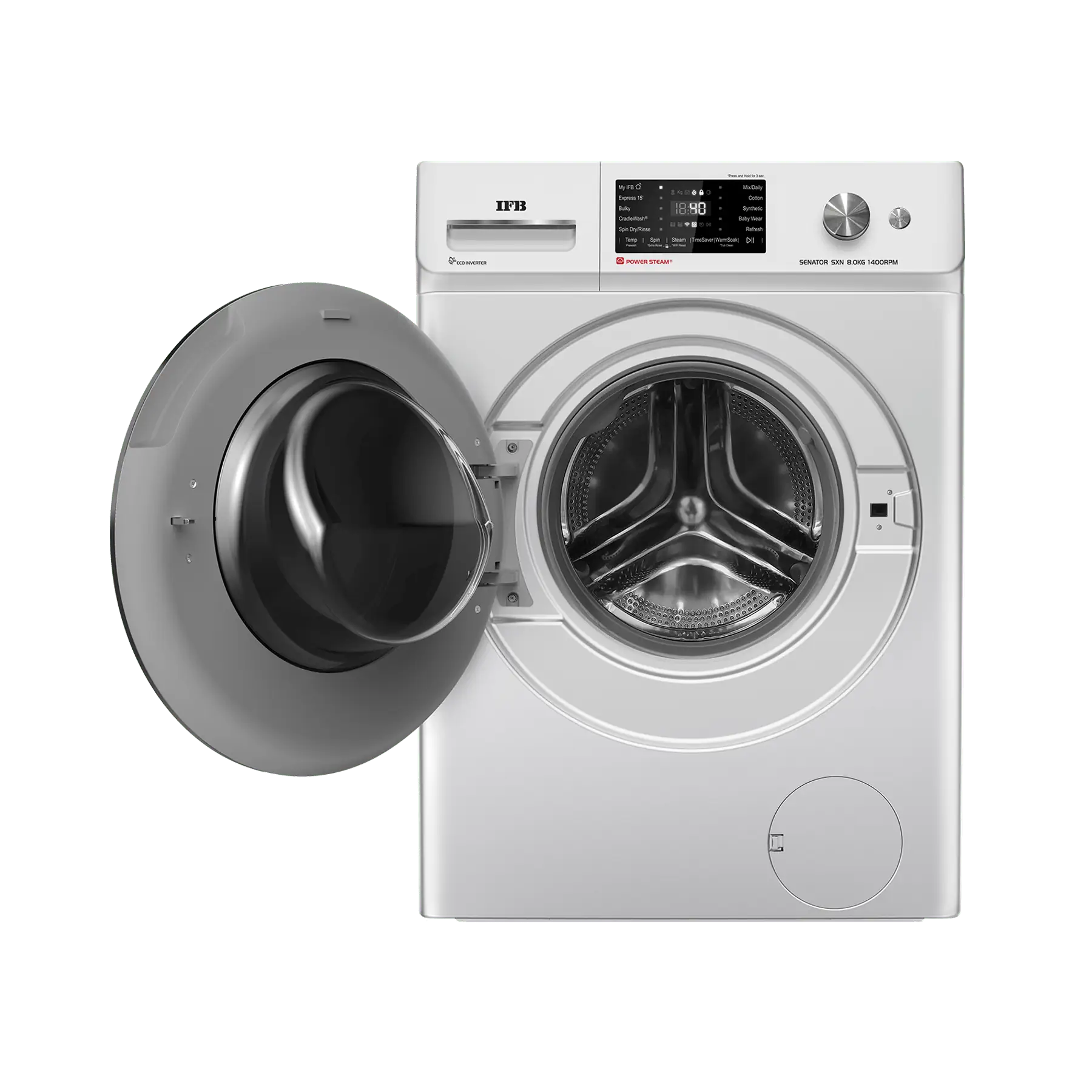 IFB Senator SXN 8014K 8 Kg 5 Star with 9 Swirl Wash, AI Powered, Wi-Fi, Fully Automatic Front Load Washing Machine (Steam Refresh Program with Eco Inverter, Rich Silver) Mahajan Electronics online