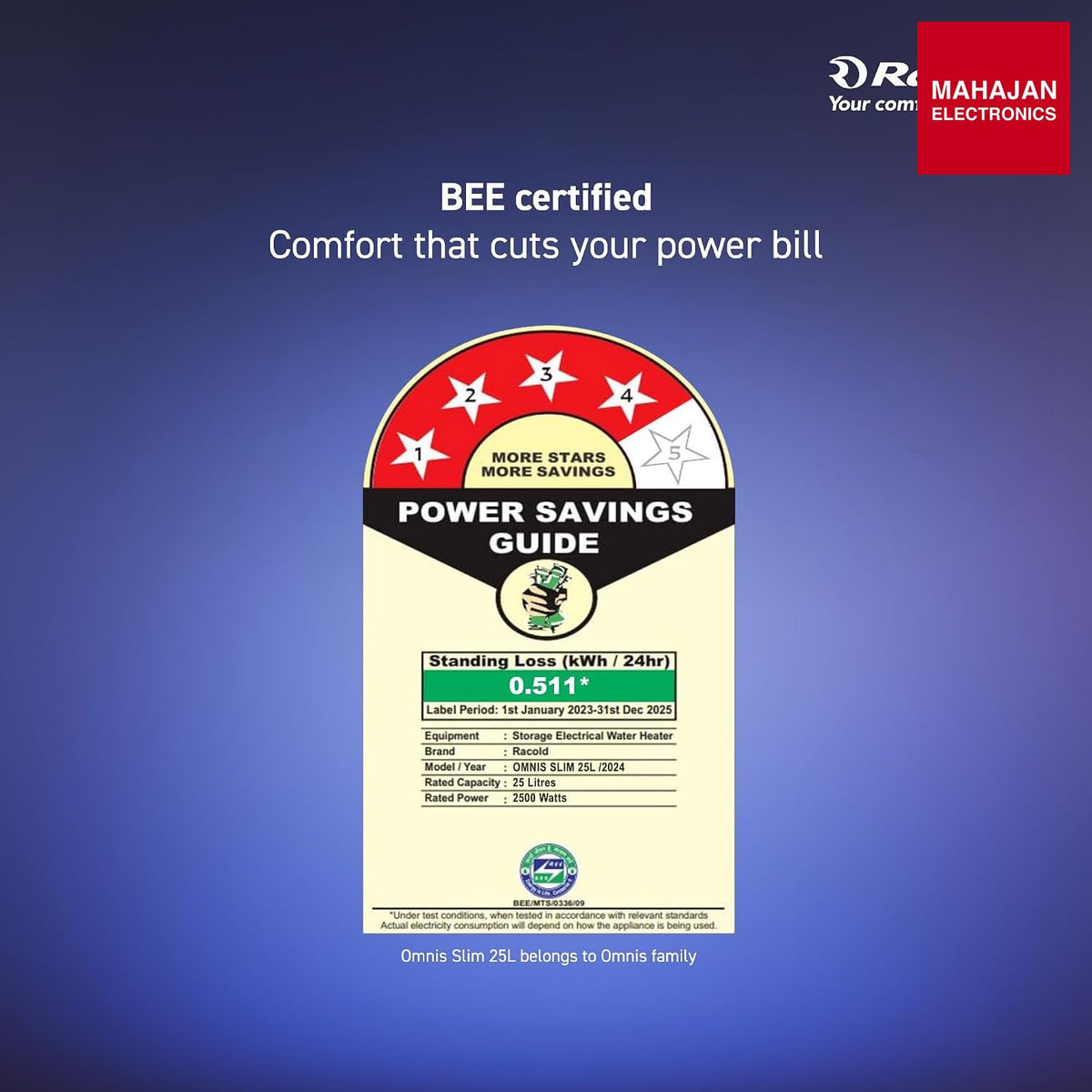 Racold Omnis Slim 25L Horizontal Energy Efficient Storage Water Heater (Geyser) With Free Standard β Mahajan Electronics Online.