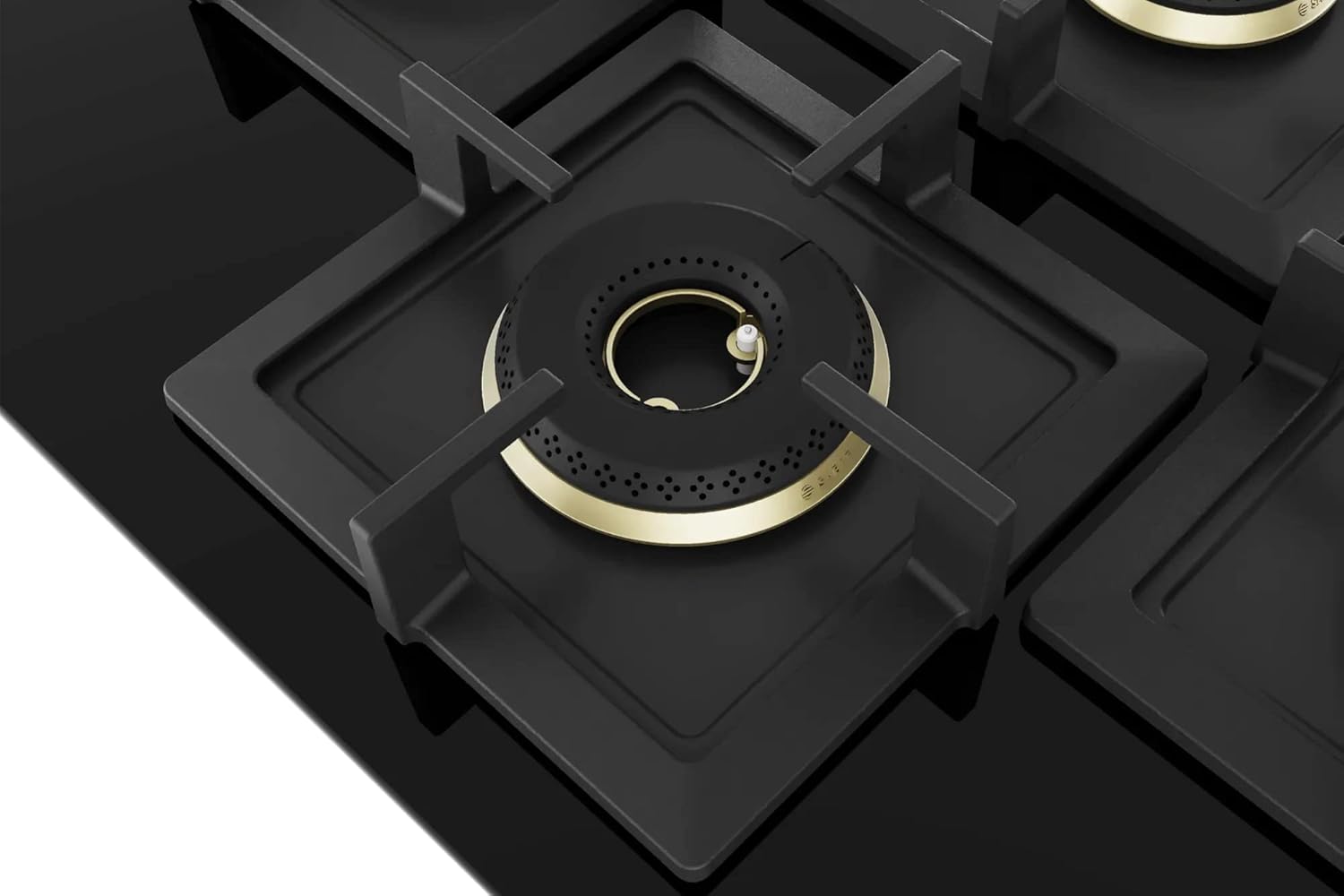 Bosch PNI7B6F20I Built in Gas Hob Black Tempered glass Glass 4 Burner Auto Ignition 75 cm True Brass 2D Ring Burners with Matt Black Heat Shields & Cast Iron pan supports Mahajan Electronics online