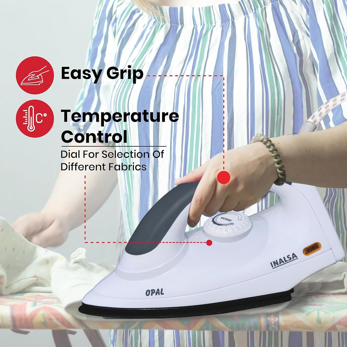 INALSA Electric Opal 1000 Watt Dry Iron For Clothes With Non-Stick Soleplate Coating|Variable Temperature Control|360° Swivel Control|ON/OFF Thermostat Indicator|2 Yr Warranty INALSA