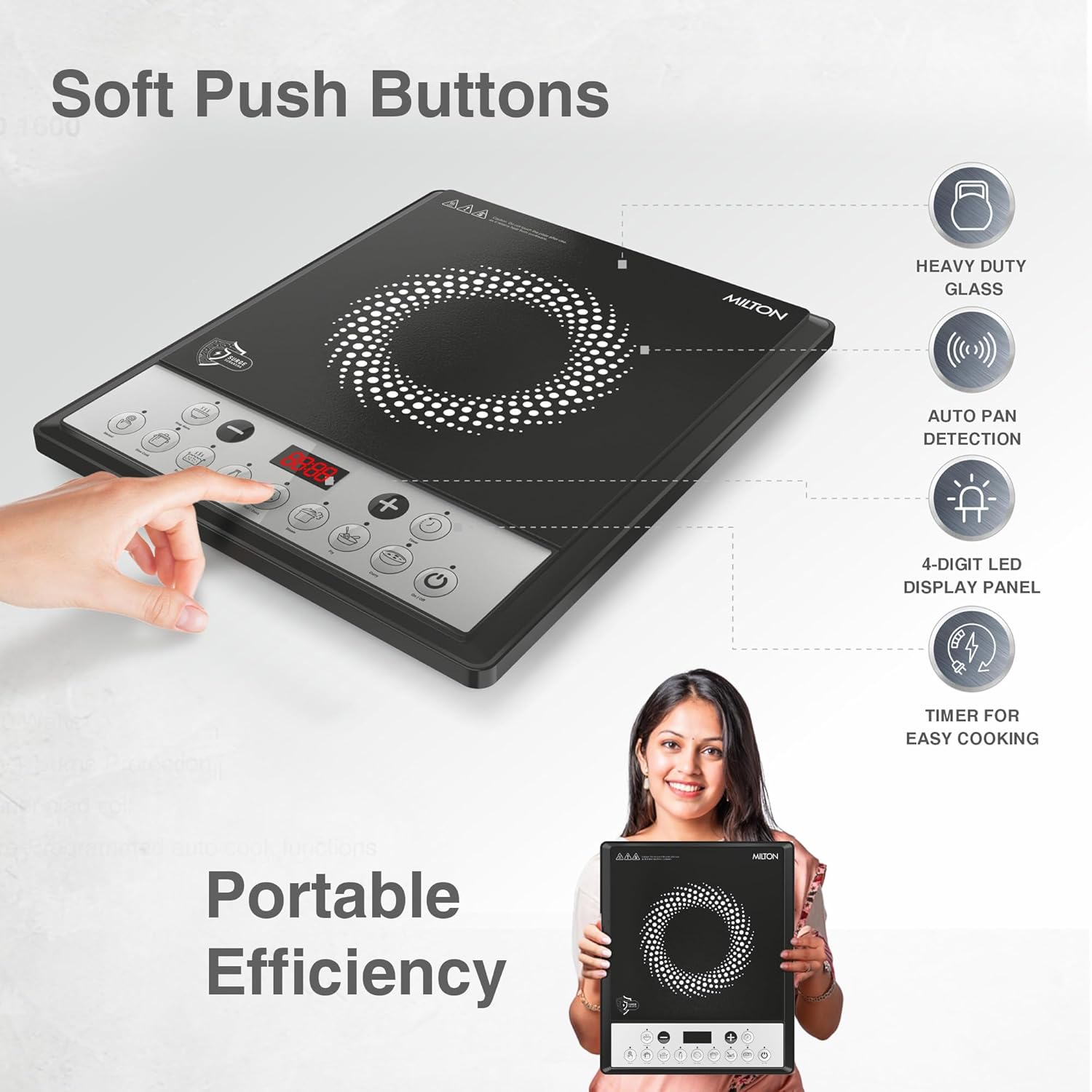 Milton Euroline Elio 16.0 Portable Induction Cooktop (1600W) | LED Display | 5KV Surge Protection | Timer & Preset Menu | Child Lock | Model HICPB16.0 Mahajan Electronics