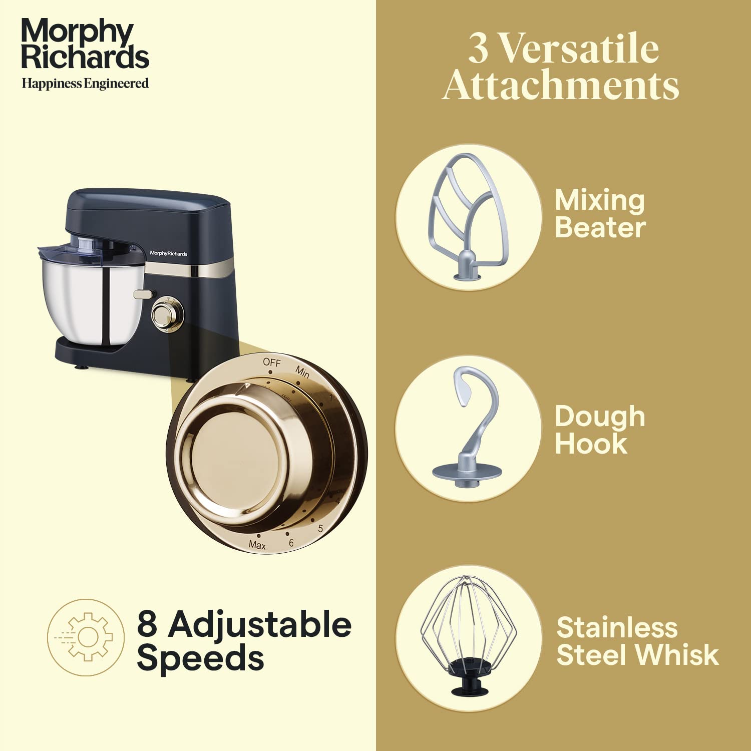 Morphy Richards Melange 800W Stand Mixer |Mixing, Beating, Kneading, Whisking| 8-Speed Level|Attachments-Dough Hook, Whisk, Mixing beater|Navy Blue - Mahajan Electronics Online