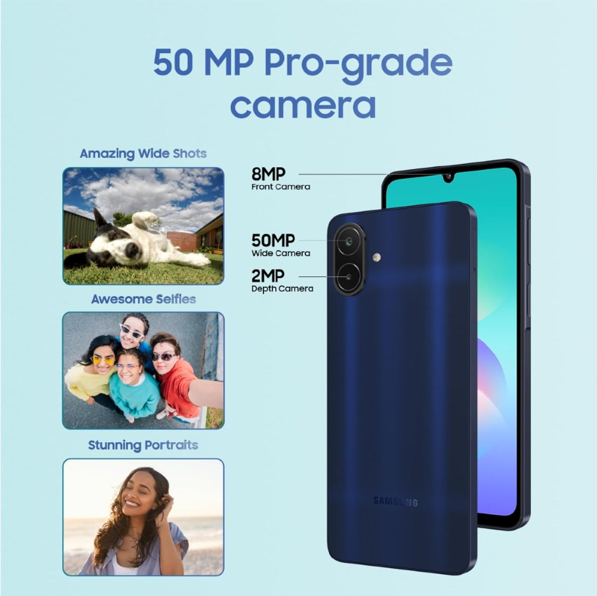 Samsung Galaxy A08 LTE (Dark Blue, 4GB RAM, 64GB Storage), MediaTek Helio G99+ (6nm), 50MP Dual Camera, 6000mAh Battery, IP64 Rating, 6 Gen OS Upgrades – Mahajan Electronics Online.