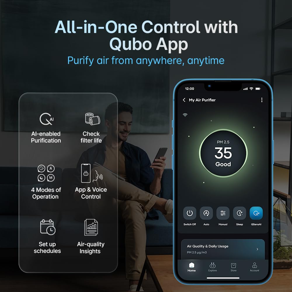 Qubo Smart Air Purifier Q1000 for Home by Hero Group | 1000 Sqft | 99.99% Allergen Removal | HEPA H13 | 15000 Hrs Filter Life | App & Voice Control | Energy Saving | Ultra-Quiet BLDC Motor (White) Mahajan Electronics Online