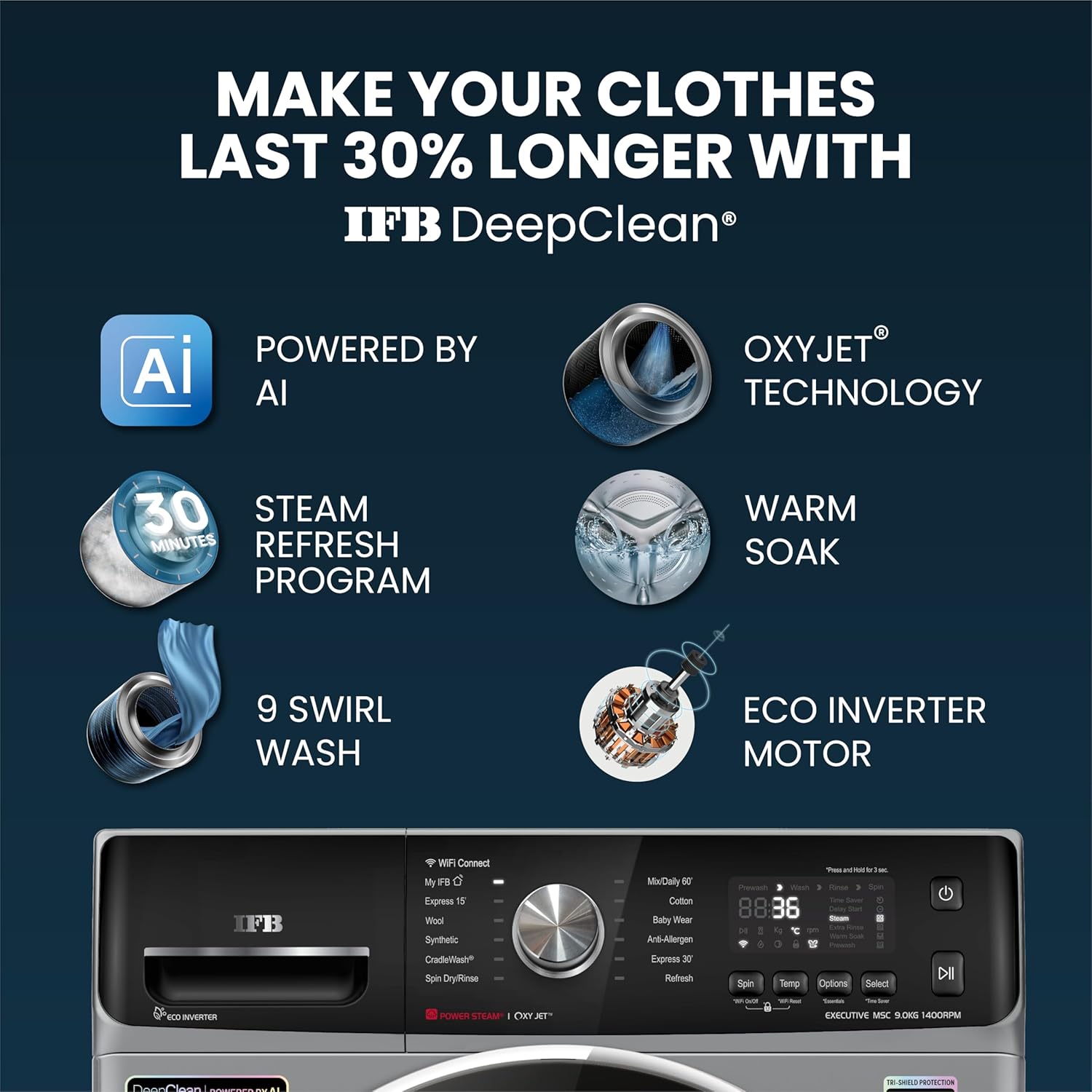 IFB EXECUTIVE MSC 9014 SSLC 9Kg 5 Star with Deep Clean Oxyjet Technology, AI Powered, Wi-Fi, Fully Automatic Front Load Washing Machine ( Steam Refresh Program with Eco Inverter, Metallic Silver) Mahajan Electronics Online