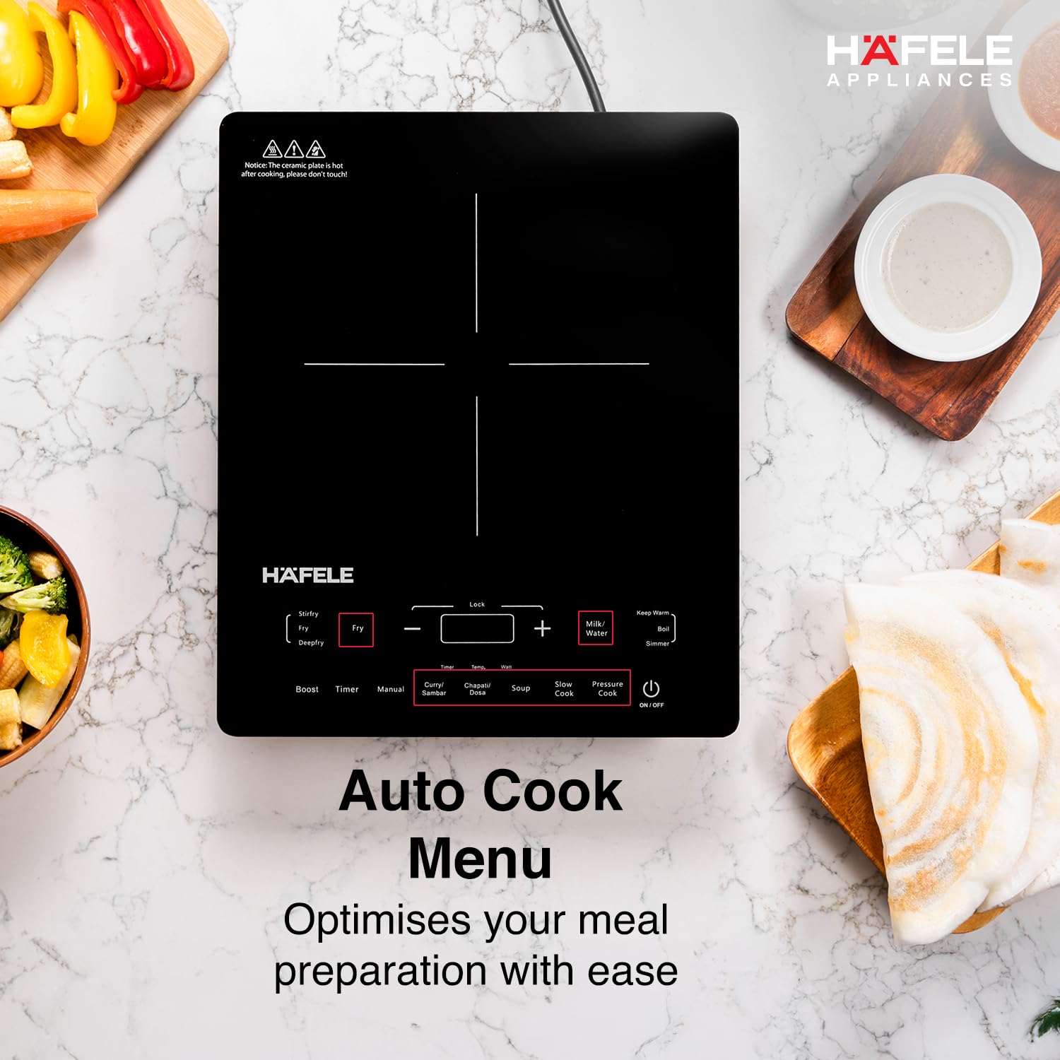 Hafele Magnechef Induction Cooktop |2100W High Power | Ceramic Glass Plate | Auto Cook Menus | Intuitive Touch Control | 2 Year Warranty | Black Mahajan Electronics Online