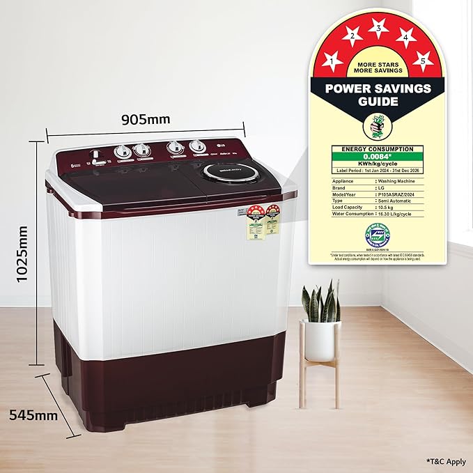 LG 10.5 kg 5 Star Wind jet dry Semi-Automatic Top Load Washing Machine (P105ASRAZ, Burgundy, Roller Jet Pulsator) Mahajan Electronics Online