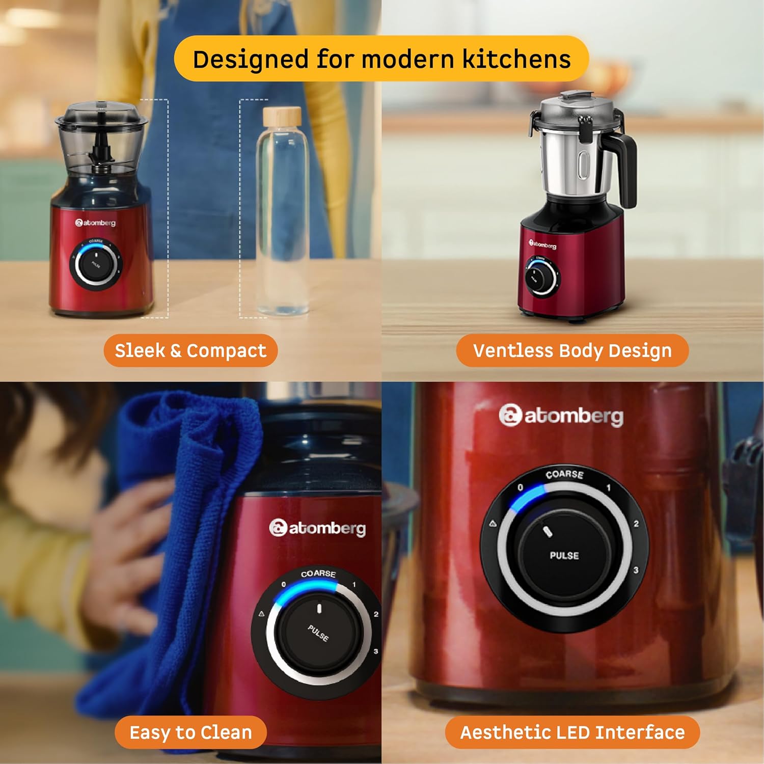 Atomberg Zenova Mixer Grinder | Unique Coarse Mode for Silbatta-like Texture | Intelligent BLDC Motor | Safety Features | 4 Jars including Chopper | Hands-Free Operation | Red Wine Mahajan Electronics Online