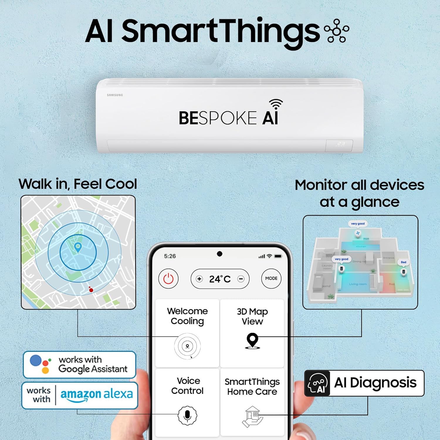 Samsung AR50H18D13HNNA 1.5 Ton 3 Star Bespoke AI Inverter Smart Split AC (2026 Model, WiFi, Energy Saving, Voice Control, Powerful Cooling, Copper, Digital Inverter, 4 Way swing, 5 Step Convertible) Mahajan Electronics ONline