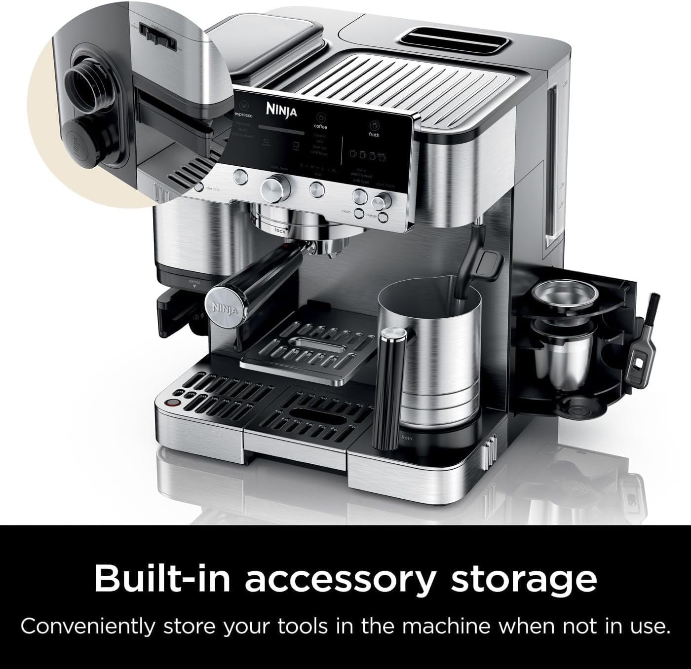 Ninja Luxe Premier ES601EU 3-in-1 Coffee Maker with Grinder and Frother for Latte, Cappuccino, Cold Brew & Espresso, Easy to Use, 4 Presets for Frothing, Silver Mahajan Electronics Online