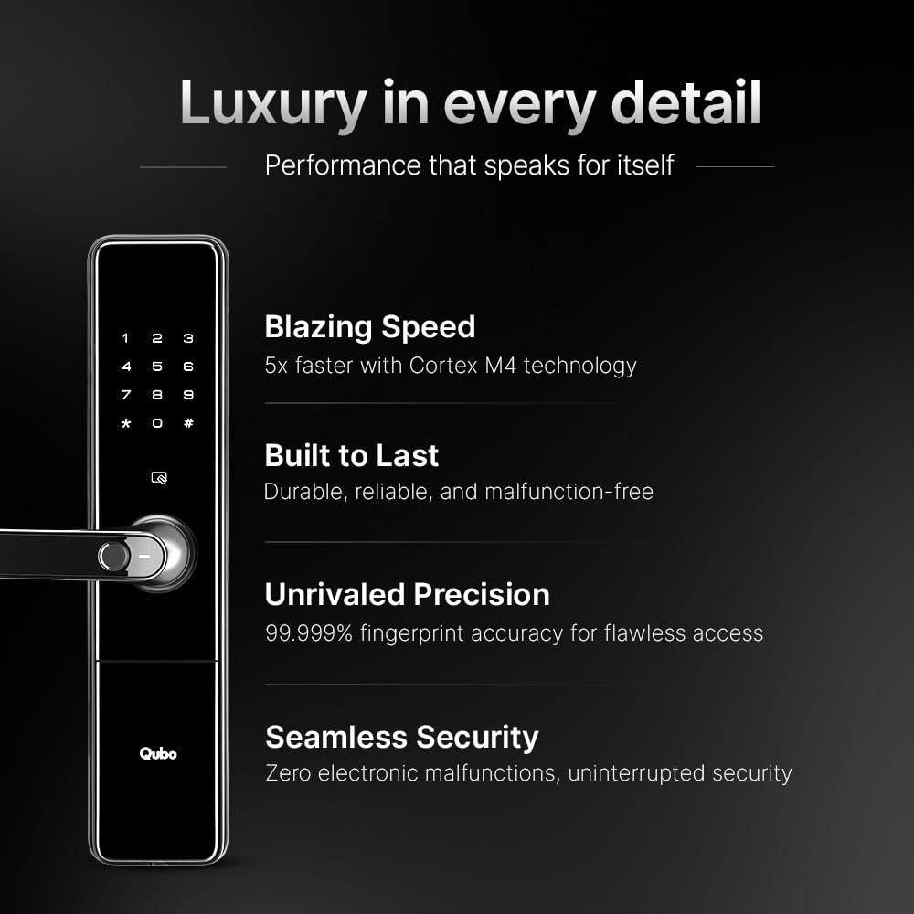 QUBO Smart Door Lock Ultra from Hero Group | 7-Way Unlocking | 5 Bolts | Fingerprint | Remote Unlocking via OTP | PIN | Access Card | Mobile App | Mechanical Key | 3 Years Brand Warranty | (Black) OC-HLM09BL1 Mahajan Electronics Online