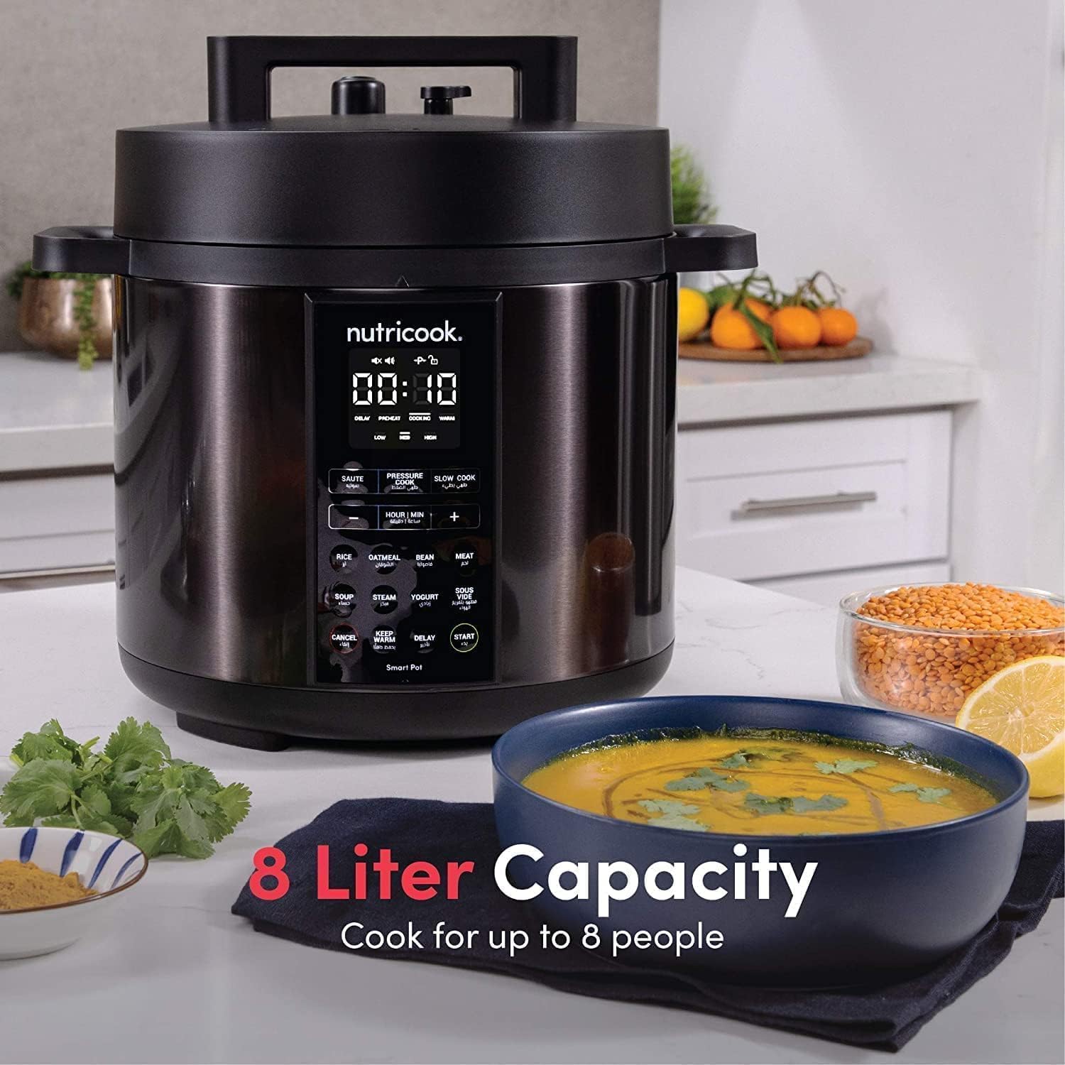 Nutricook SP208K Stainless Steel Smart Pot 2 (8 QT | 7.7 Litre), 1000W, 9 In 1 Instant Programmable Electric Pressure Cooker, Slow Cooker, Rice Cooker, Steamer, Saute Pot, Warm Food, Smart Lid Mahajan Electronics Online